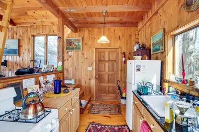 a kitchen with wooden walls and wooden counters and a refrigerator at Ski, Sip and Snuggle Cozy Catskills Gem with Views! in Athens