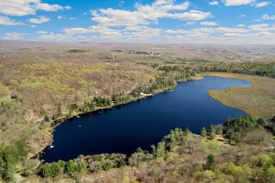 an aerial view of a lake in the middle at Lakefront Log Cabin, Private Lake Access w/Peloton in Livingston Manor