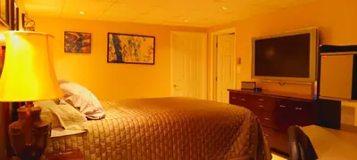 a bedroom with a bed and a flat screen tv at Escape to the Catskills in Liberty