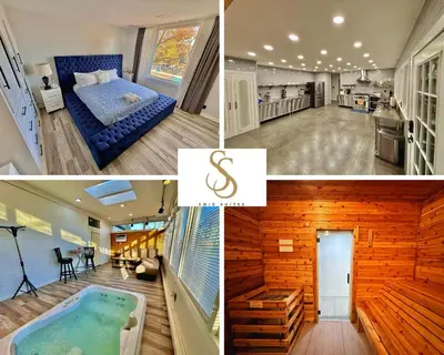 a collage of pictures of a room with a tub at Ultimate Luxury Villa - Pool, Sauna, Hot Tub & More in Paterson