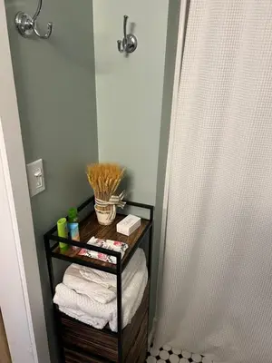 a bathroom with a towel rack next to a shower at Country Cottage with beautiful views in Saugerties