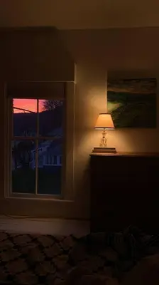 a bedroom with a lamp next to a window at Bovina House in Bovina Center