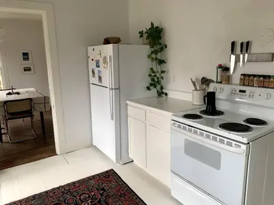 a kitchen with a white stove and a refrigerator at Bovina House in Bovina Center