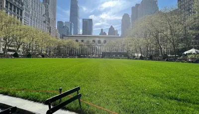 a park with a bench in front of a green field at Massive 1BR w Private Patio in Upper East Side in New York