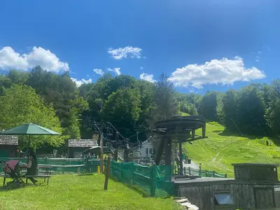 a park with a playground with a roller coaster at Cozy Ski in out Cabin in Berkshire Resort in Hancock