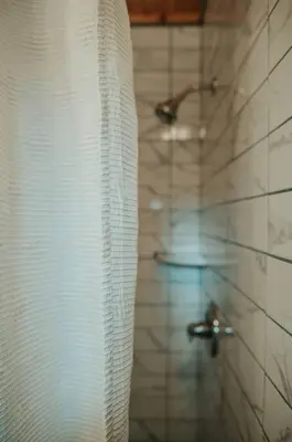 a shower with a glass curtain in a bathroom at Mountainscape: Peaceful & Skiing in Roxbury