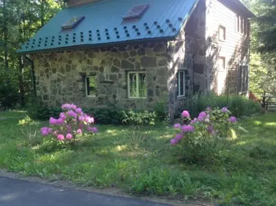 a stone house with purple flowers in front of it at STREAMSIDE CABIN IN THE CATSKILLS in Chichester