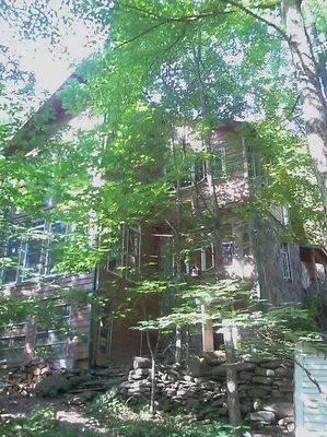 an old stone house with trees in front of it at STREAMSIDE CABIN IN THE CATSKILLS in Chichester