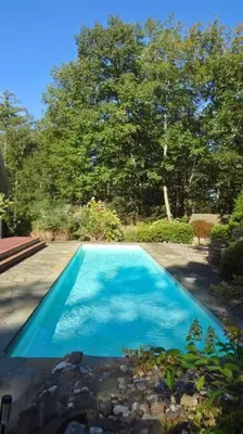 a large blue swimming pool in a yard at Woodstock Retreat- Heated Pool/Hot Tub/FirePit in Saugerties
