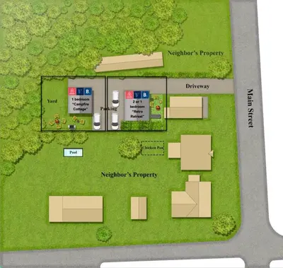 a floor plan of a building with at Retro Retreat: 1br home w/ WFH desk, livingroom, and fire pit in Kingston