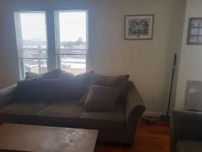 a living room with a couch and two windows at godlyone bedroom free parking in Schenectady