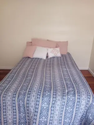 a bed with two pillows on top of it at godlyone bedroom free parking in Schenectady