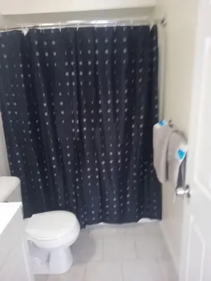 a bathroom with a toilet and a black shower curtain at godlyone bedroom free parking in Schenectady