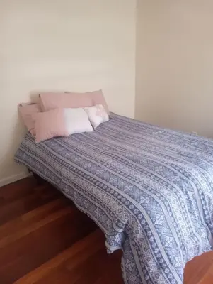 a bed with two pillows on top of it at godlyone bedroom free parking in Schenectady