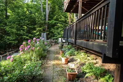 a garden with plants and flowers on a porch at Whimsical Lakefront Chalet in Monticello
