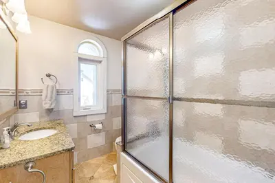 a bathroom with a shower and a sink at Group Getaway on Working Farm! Near Saratoga in Ballston Lake