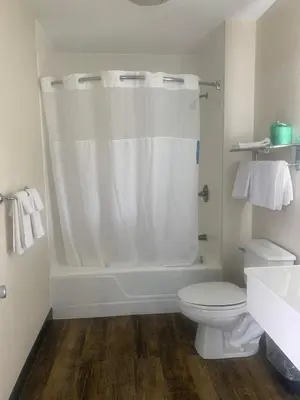 a bathroom with a white shower curtain and a toilet at River Valley Inn in Hatfield