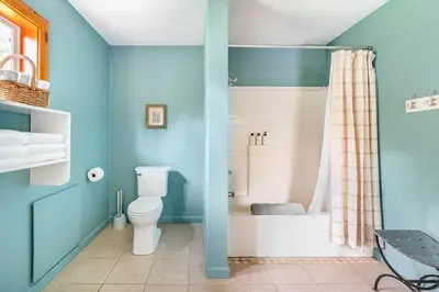 a blue bathroom with a toilet and a shower at Serene Retreat on a Stream in Phoenicia