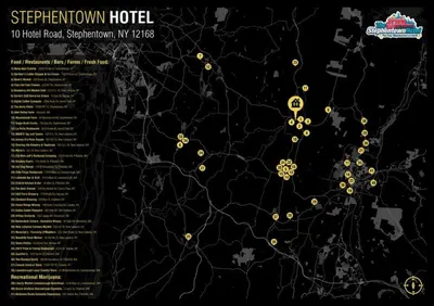 a map of the city of singapore with gold dots at The entire Stephentown Hotel. 28 person occupancy in Hancock