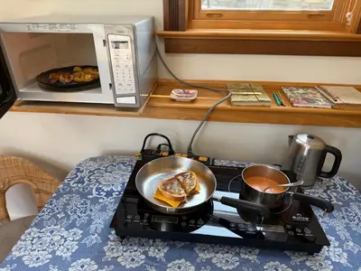 a stove with a pot and a pan and a microwave at Idea Farm in Callicoon Center
