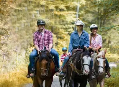 a group of people riding horses down a road at 10 guest Ski Chalet Pools Golf Ski Hike in Vernon Township