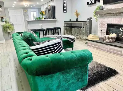 a green couch in a living room with a fireplace at 3 Bedroom Duplex w Large Backyard in Brooklyn