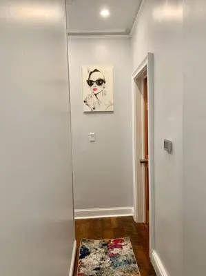 a hallway with a mirror and a painting on the wall at 3 Bedroom Duplex w Large Backyard in Brooklyn