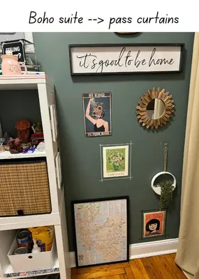 a room with a wall with pictures and a shelf at Not operating in Jackson Heights