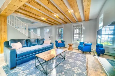 a living room with a blue couch and blue chairs at New 3b House in Saugerties Village 4 mins to HITs in Saugerties