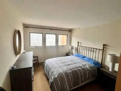 a bedroom with a bed and a dresser and two windows at Hunter Mountain Slope Side Home in Lanesville