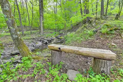 a wooden bench on a trail in the woods at Catskills Family Retreat Fishing and Hiking On-Site in East Durham