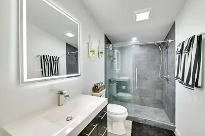 a white bathroom with a shower and a toilet at Catskills Family Retreat Fishing and Hiking On-Site in East Durham