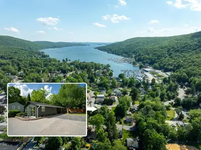 an aerial view of a town and a lake at Bronze Suite in Greenwood Lake