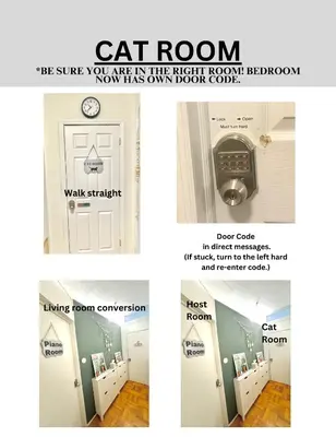 a collage of four pictures of a room with a door at Cat Room by Delicate Stays LIVING ROOM CONVERSION SHARED SPACE ROOM ONLY CAT FRIENDLY ONLY 25 min to time square in Jackson Heights