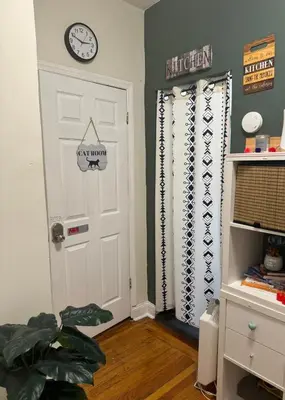 a room with a white door and a clock on the wall at Cat Room by Delicate Stays LIVING ROOM CONVERSION SHARED SPACE ROOM ONLY CAT FRIENDLY ONLY 25 min to time square in Jackson Heights