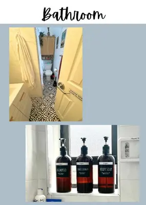 a collage of two photos of a bathroom with two bottles at Cat Room by Delicate Stays LIVING ROOM CONVERSION SHARED SPACE ROOM ONLY CAT FRIENDLY ONLY 25 min to time square in Jackson Heights