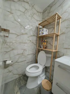 a bathroom with a toilet and a marble wall at Beautiful Apartment shared with the Host in the Heart of Bushwick in Brooklyn