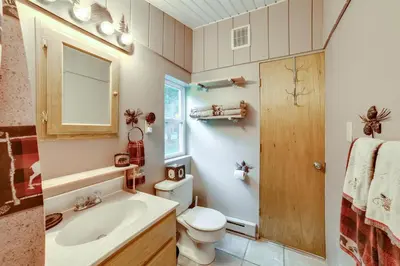 a bathroom with a toilet and a sink and a mirror at Cardinal Pines Cabin on 8 Acres - Dog Friendly! in New Berlin