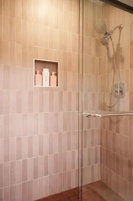 a shower with a glass door in a bathroom at Catskills Retro Retreat- Upstate Home W Hot Tub in Saugerties