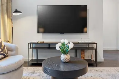 a living room with a tv and a vase of flowers on a table at Hyatus Luxury Residences Stamford in Stamford