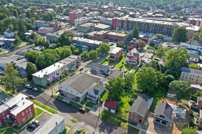 an aerial view of a city with buildings at Azure Loft by Saratoga Stays in Saratoga Springs