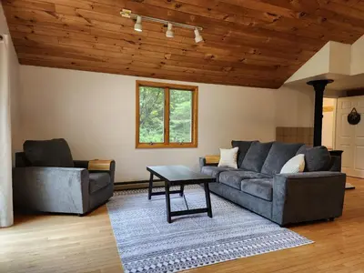 a living room with two couches and a table at Rustic Catskills Cabin with Hot Tub and Mountain Views in Prattsville
