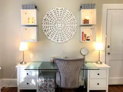 a desk with a chair and a mirror on a wall at Bella room near downtown Train I-95 & beaches in Stamford