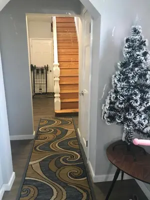 a hallway with a christmas tree on a rug at 30 mins to TIMES SQ!!!! in Corona
