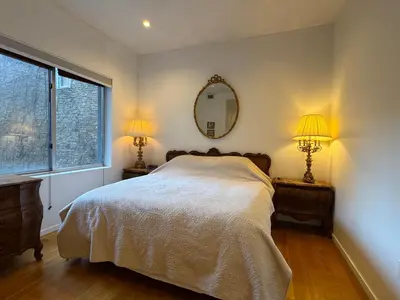 a bedroom with a bed and two lamps and a mirror at Large and Luxurious in Strivers Row in New York