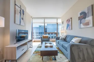 a living room with a couch and a tv at Luxury Apt with Pool in Stamford