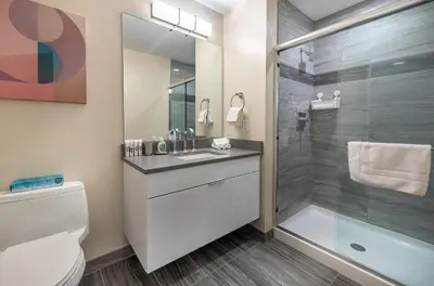 a bathroom with a shower and a sink and a toilet at Luxury Apt with Pool in Stamford