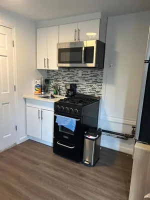 a kitchen with a stove and a microwave at Cozy apt 30mins from Times square!!! in Corona