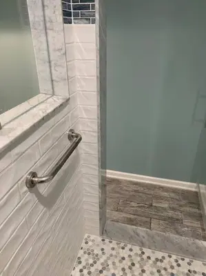 a shower with a glass door in a bathroom at Lake Haven in Monterey
