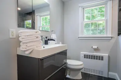 a bathroom with a sink and a toilet and a mirror at Norwalk Retreat in Norwalk